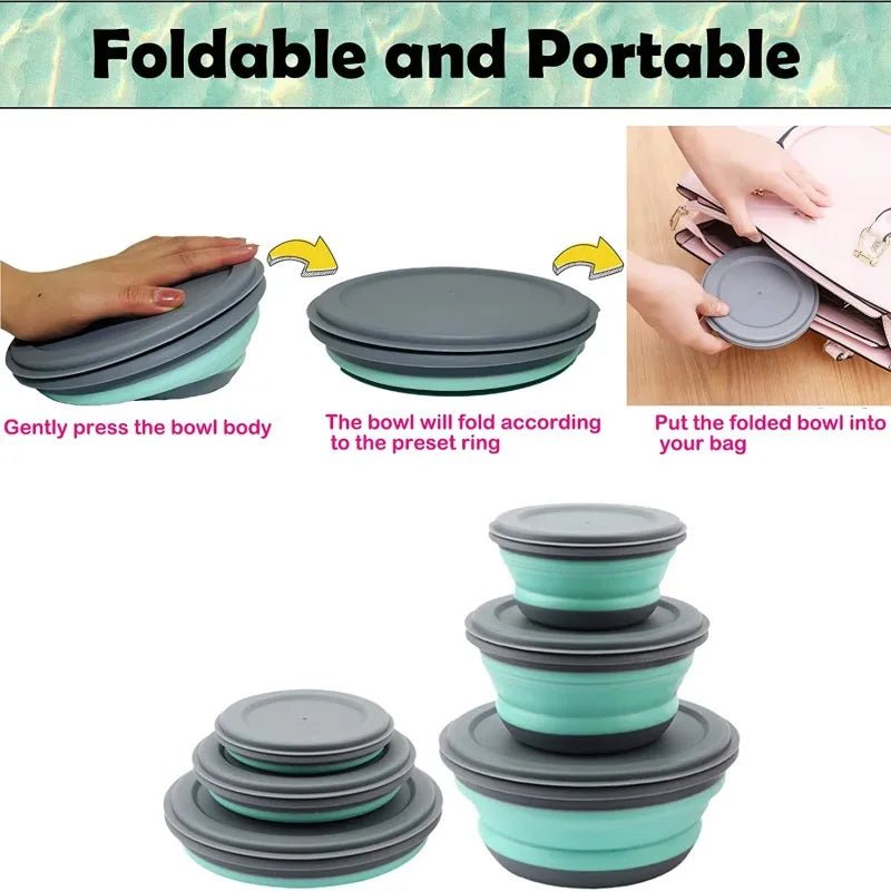 Boîte à déjeuner pliable en Silicone, bol de Camping, boîte à salade, couvercle extensible conteneur de stockage des aliments, boîte à Bento 3 pièces/ensemble - Maxi cuise